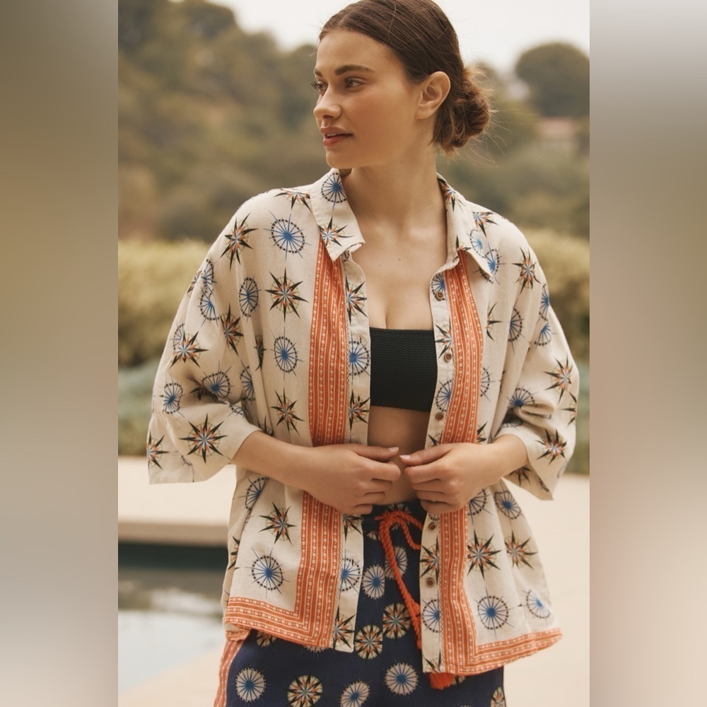 By Anthropologie Short-Sleeve Linen Buttondown Shirt Star Geometric Print Sz XS